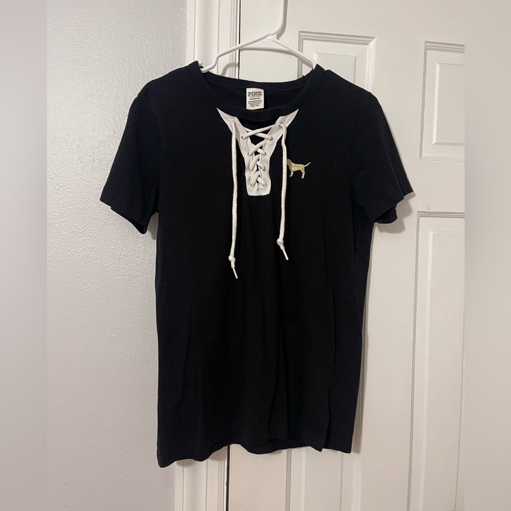 VS Pink Black Lace Up Tshirt